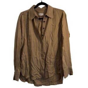 Argent Striped Button Down Shirt Tan Brown Size 6 Minimalist Work Office Casual